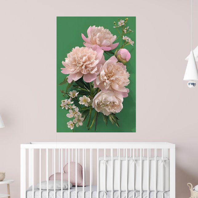 Poster Beautiful White & Pink Peonies On Green Background (Pépinière 2)