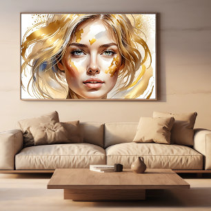 Poster Beautiful Womans Face in Gold Abstrait Aquarelle
