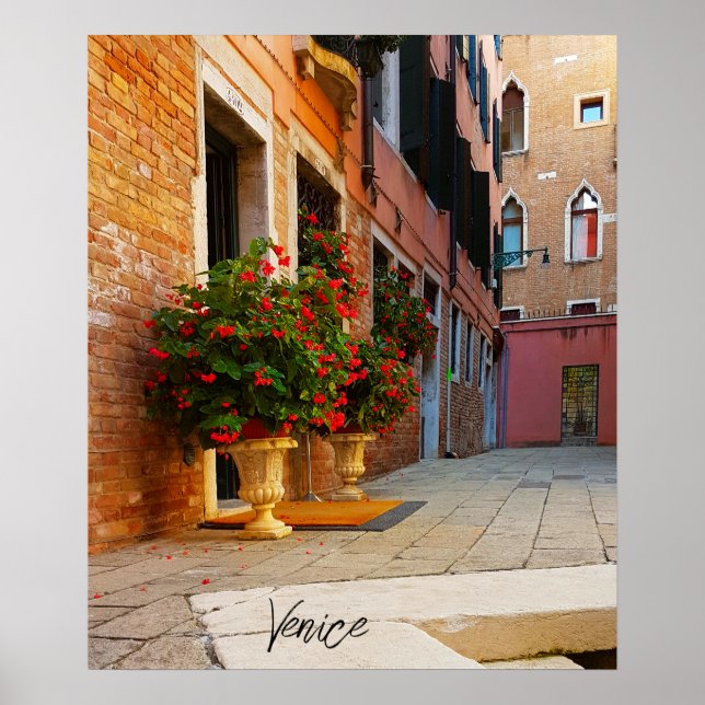 Poster Beaux canaux de fleurs rouges de Venise Italie (Devant)