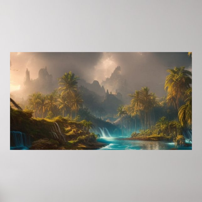 Poster Beaux palmiers de la Jungle tropicale et Rivière 1 (Devant)