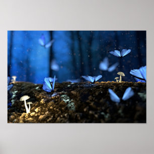 Poster Beaux papillons bleus dans la forêt