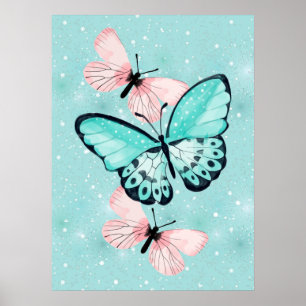 Poster Beaux papillons roses et bleus