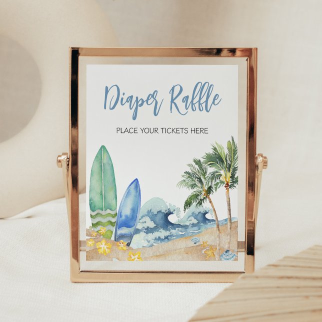 Poster Bébé à bord du Baby shower de plage Déchets Raffle (Surfing Summer Boy Baby Shower Diaper Raffle Sign)