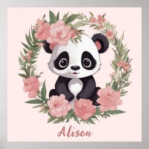 Poster Bébé adorable Panda Ours avec fleurs
