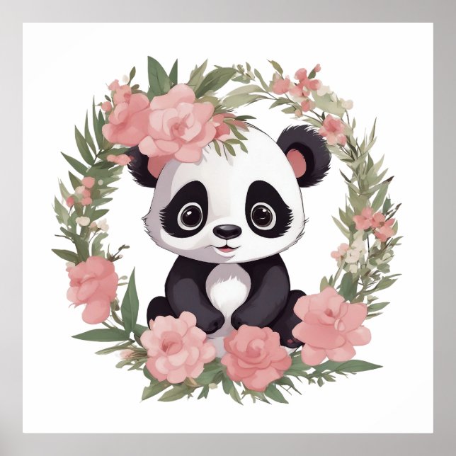 Poster Bébé adorable Panda Ours avec fleurs (Devant)