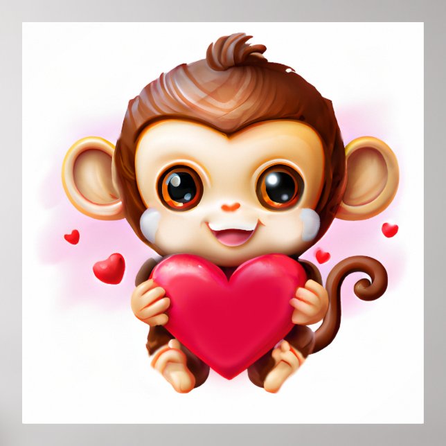 Poster Bébé adorable singe tenant un coeur rouge (Devant)