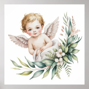 Poster Bébé ange à l'aquarelle Ailes de plume Baptême