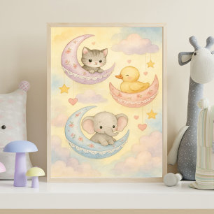 Poster Bébé Animaux Lune Croissante Fille Chambre de Nurs