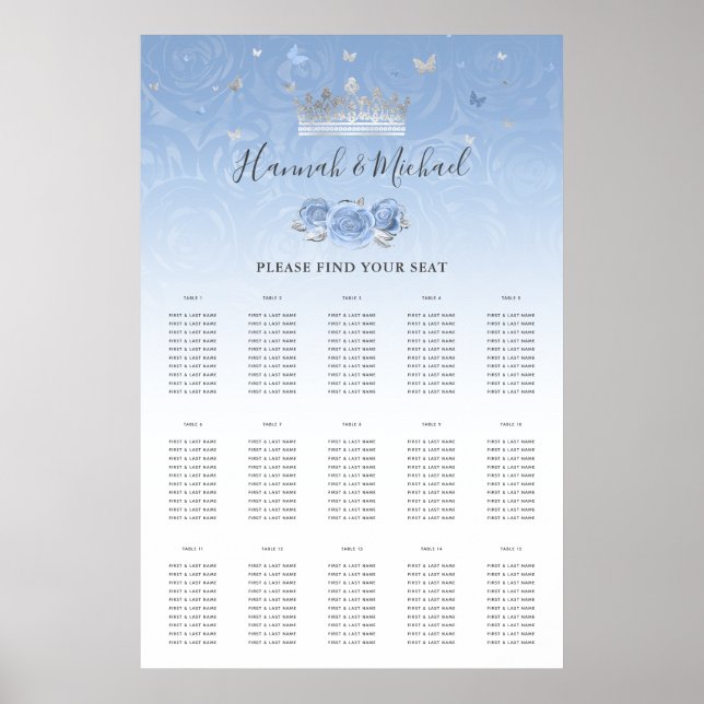 Poster Bébé Bleu Argent Couronne Floral Cartes de siège (Devant)