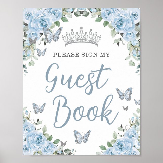 Poster Bébé Bleu Floral Papillon Quinceañera Guest Book (Devant)
