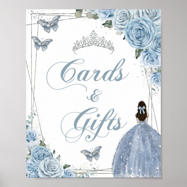 Poster Bébé Bleu Princesse Papillons Cartes Argent Cadeau (Devant)