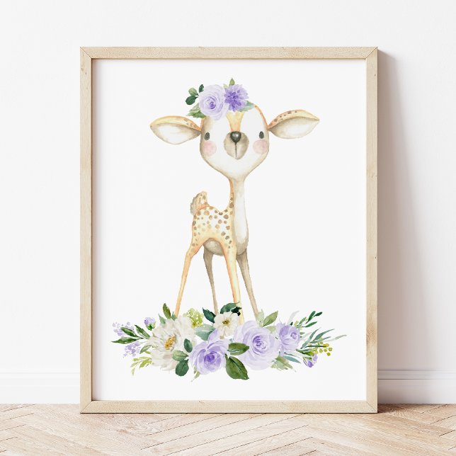 Poster Bébé cerf, Animaux des bois, Boho, Fleurs violette (Créateur téléchargé)