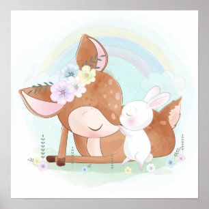 Poster Bébé cerf avec un bébé lapin