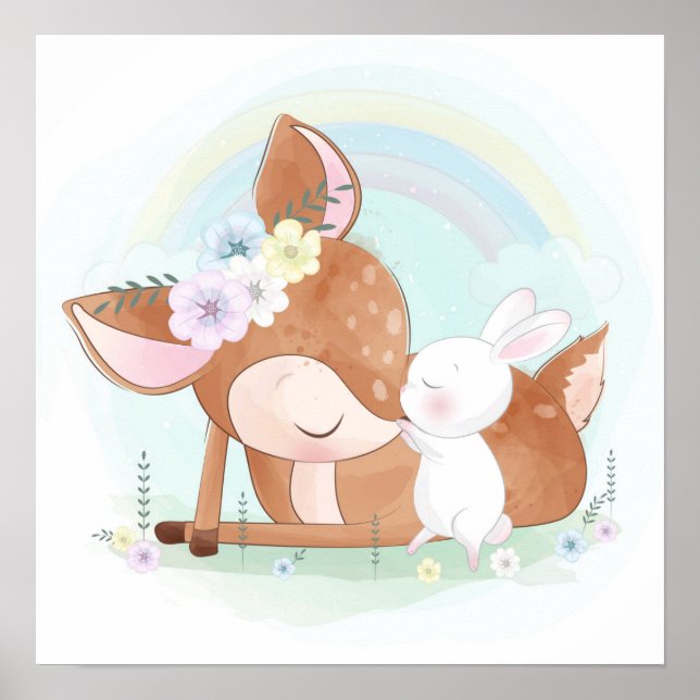 Poster Bébé cerf avec un bébé lapin  (Devant)