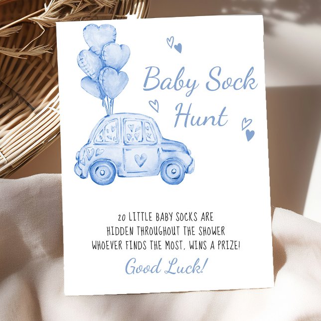 Poster Bébé Chasse Sock Bleu Voiture Ballons Baby shower  (Baby Sock Hunt baby shower game poster - available printed or digital - by Darling & May)