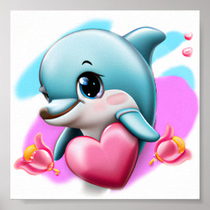 Poster Bébé dauphin mignon avec cœur de la Saint-Valentin