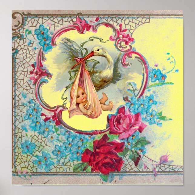 POSTER BÉBÉ DE STORK DOUCHE FILLE JAUNE (Devant)