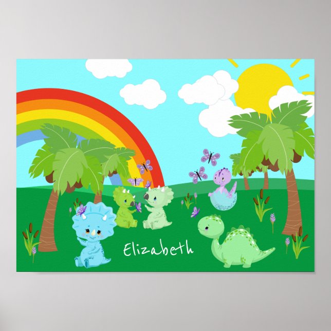 Poster Bébé Dinosaures avec papillons, arc-en-ciel et sol (Devant)