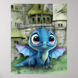 Poster Bébé Dragon Bleu Et Imaginaire Château Médiéval