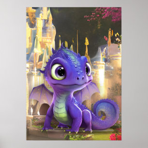 Poster Bébé Dragon Violet Et Imaginaire Château Médiéval