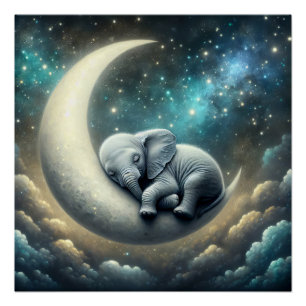 Poster Bébé Eléphant Dormir Sur Crescent Moon