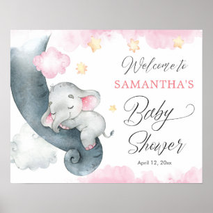 Poster Bébé éléphant rose fille baby shower signe de bien