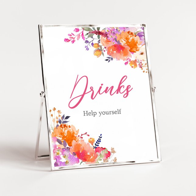 Poster Bébé en Fleur Baby shower floral brillant Boissons (Baby in Bloom Baby Shower Drinks Sign)