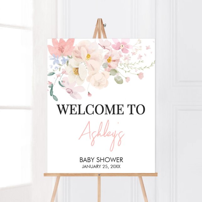 Poster Bébé en Fleur Baby shower Floral rose Bienvenue (Blush Pink Floral Baby in Bloom Baby Shower Welcome Sign)