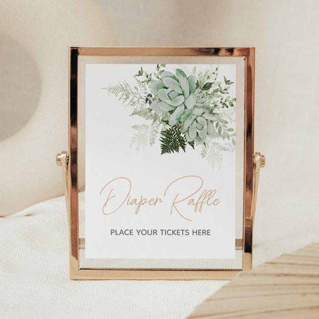 Poster Bébé en fleur Baby shower Succulent Déchets Raffle (Succulents Gender Neutral Baby Shower Diaper Raffle Sign)