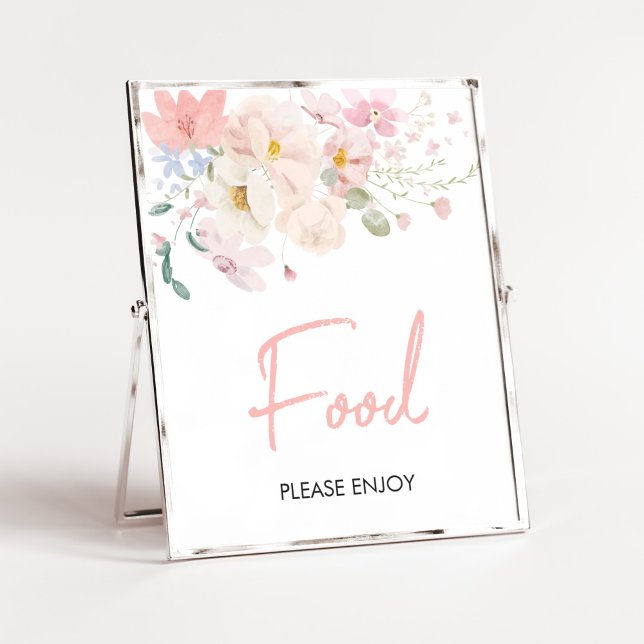 Poster Bébé en Fleur Blush Rose Baby shower Floral Alimen (Blush Pink Floral Baby in Bloom Baby Shower Food Sign)