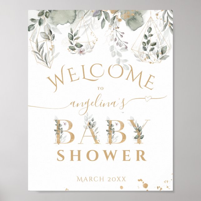 Poster Bébé en fleurs Verdure & Baby shower Or accueil (Devant)