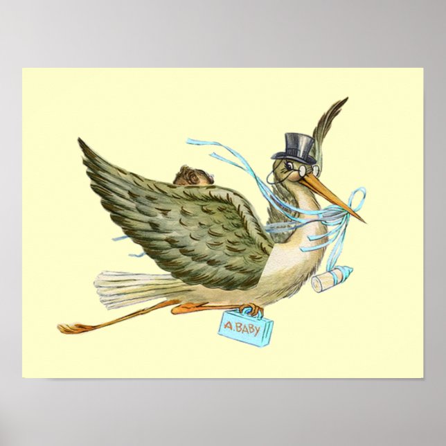 Poster BÉBÉ EN STORK DOUCHE GARÇON, crème (Devant)