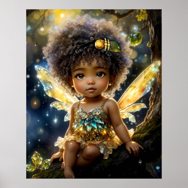 Poster Bébé fée afro-américaine magique dans un arbre (Devant)