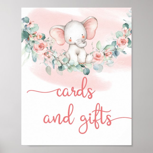 Poster Bébé Fille Eléphant eucalyptus cartes et signes ca (Devant)