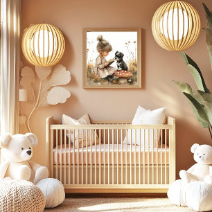 Poster Bébé fille lisant un chien noir et blanc Champigno
