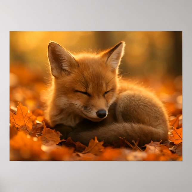 Poster Bébé Fox dans les feuilles d'automne (Devant)