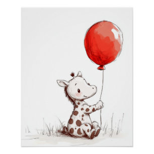 Poster Bébé girafe adorable avec ballon rouge