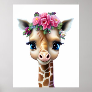 Poster Bébé girafe mignon avec des fleurs et du houx