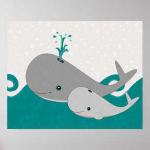 Poster Bébé gris mignonne baleine sur le dessin des vague