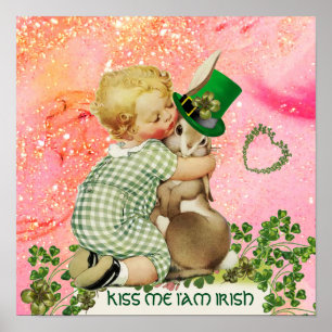 Poster BÉBÉ HUGING RABBIT St.Patrick's Day, Floral rose