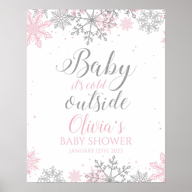 Poster Bébé Il fait froid dehors Baby shower rose argent (Devant)