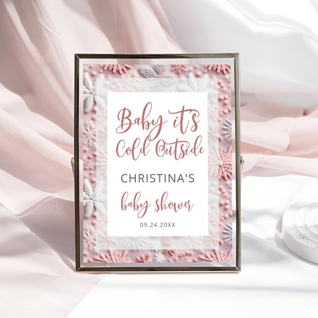 Poster Bébé Il fait froid dehors Baby shower rose argent (Créateur téléchargé)