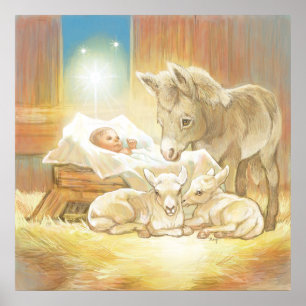 Poster Bébé Jésus Nativité avec agneaux et âne