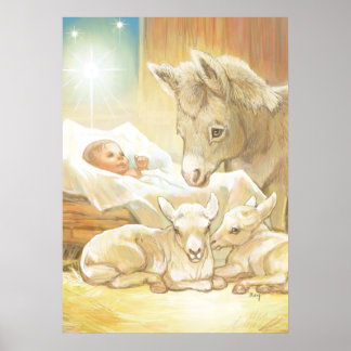 Poster Bébé Jésus Nativité avec agneaux et âne