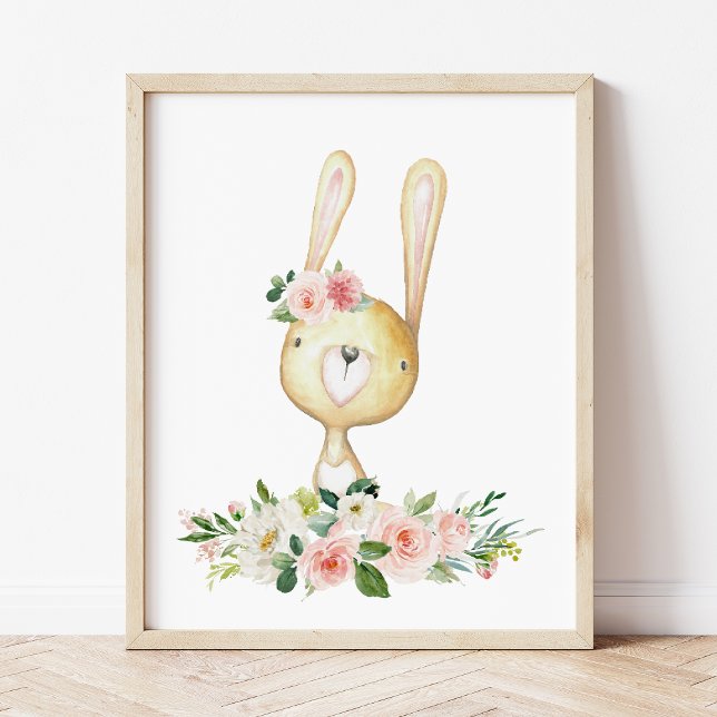 Poster Bébé lapin, Animaux en bois, Boho, Fleurs roses (Créateur téléchargé)