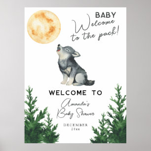 Poster Bébé loup aquarelle Bienvenue à la baby shower