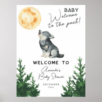 Poster Bébé loup aquarelle Bienvenue à la baby shower