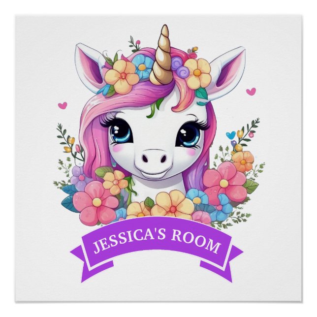 Poster Bébé magique licorne avec fleurs (Devant)