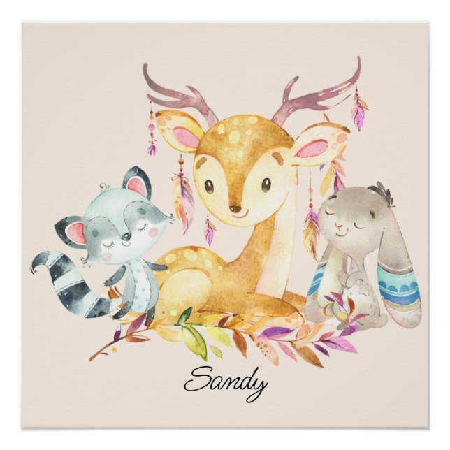 Poster Bébé mignon Animaux Personnalisés Nom Sexe Neutre (Devant)