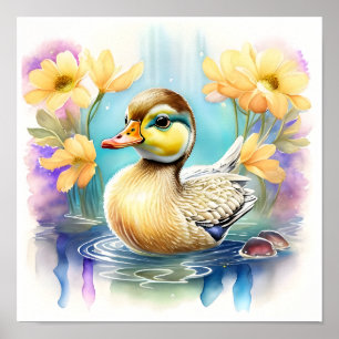 Poster Bébé mignon canard nager dans un étang
